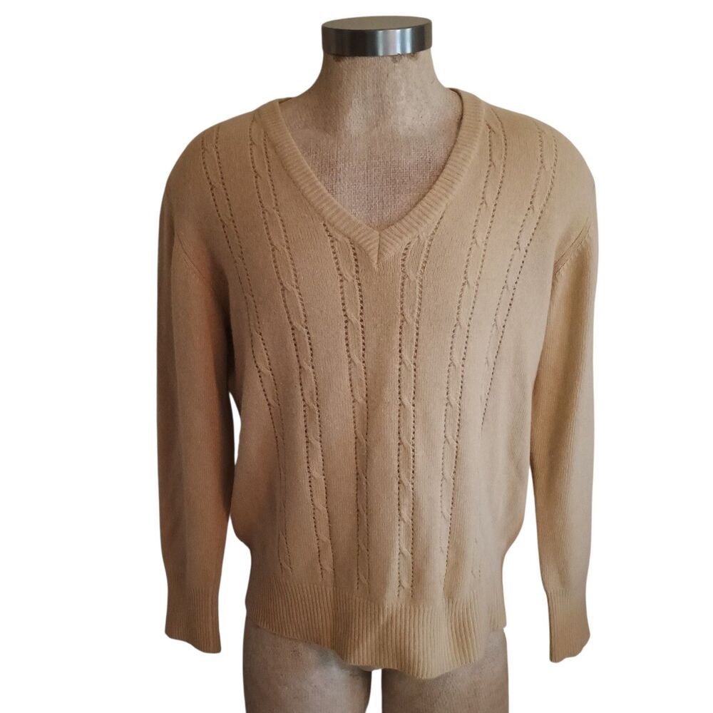 Damon Sweater Mens L Beige VNeck Pullover Italy Wool/Angora Rabbit Hair/Poly